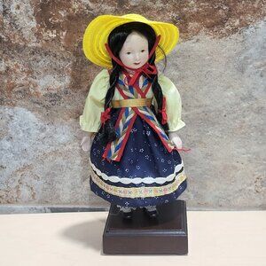 Vintage Porcelain Doll Traditional Outfit Braided Hair Straw Hat